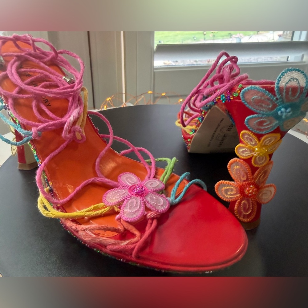OOAK Bright Lights Strappy Rainbow Gladiator Statement Platform Heels, sz 8.5 - Picture 5 of 17